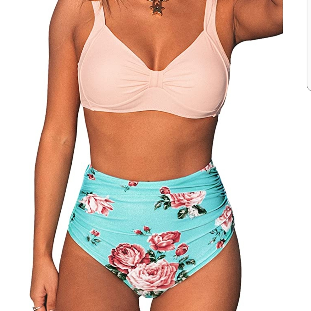CUPSHE Women's High Waist Bikini Swimsuit Floral Print Knot Two Piece Bathing